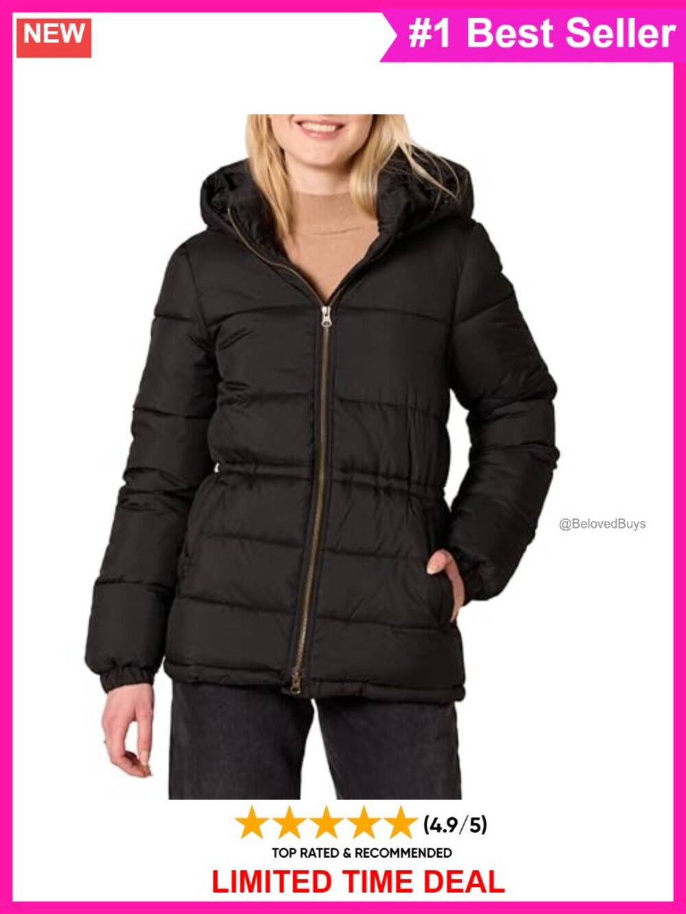 Quilted Hooded Puffer Winter Jacket Water-Resistant Adjustable Waist
